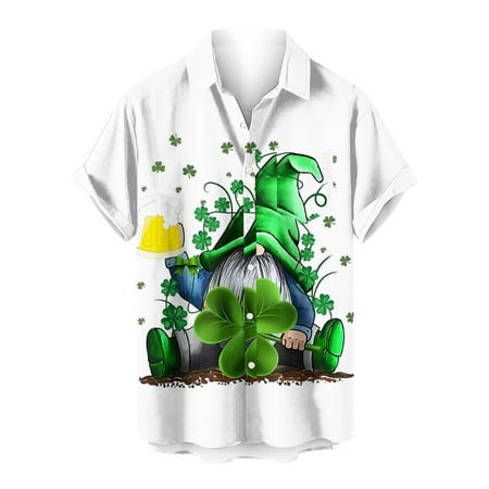 VSSSJ Men S Happy St. Patricks Printed Shirts Short Sleeve Button Down Turndown Collar Graphic Tees Leisure Stylish Baggy Vacation T-Shirts White L