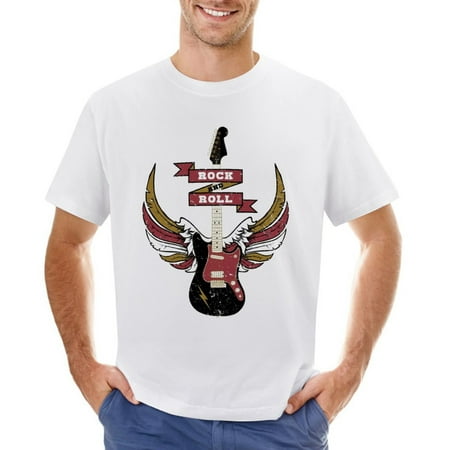 Rock and Roll Retro Electric Guitar Men’s Graphic T-shirt Vintage Short Sleeve Sport Tee White L
