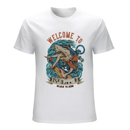 Welcome to the Summer with Shark Holiday Vacation Men’s Graphic T-shirt Vintage Short Sleeve Sport Tee White L