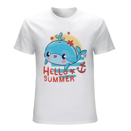 Hand Drawn Cute Whale Sea Cartoon Character Hello Summer Men’s Graphic T-shirt Vintage Short Sleeve Sport Tee White L