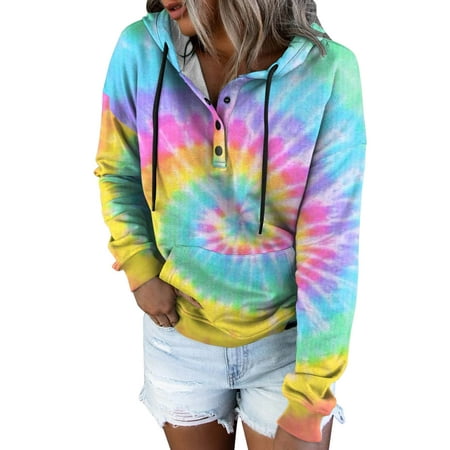 CLZOUD Sweatshirt for Women Trendy Ladies Casual Fall Winter Pocket Tie Dye Print Long Sleeve Drawstring Hooded Button Down Sweatshirt Camouflage S