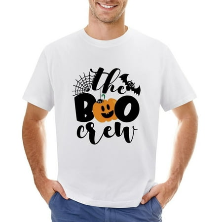 The Boo Crew Cute Halloween Greeting with Pumpkin and Spider Men’s Graphic T-shirt Vintage Short Sleeve Sport Tee White L