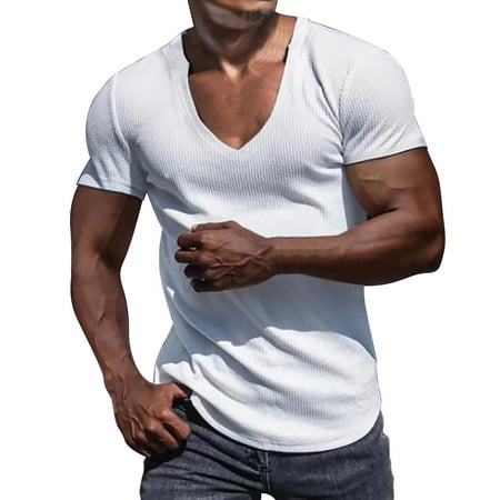 White Mens Graphic Tees Breathable Knitted T Shirt Tops Short Sleeved Slim Fashion Summer V Neck Short Sleeved Polo Shirts for Men Size L