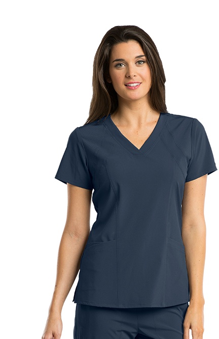 Barco One 5105 Racer 4-Pocket Womens V Neck Short Sleeve Tag Free Stretch Fabric Moisture Wicking Scrub Top, X-small, Black