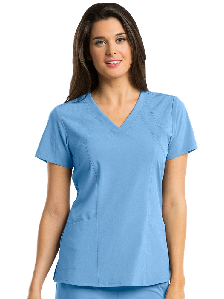 Barco One 5105 Racer 4-Pocket Womens Plus Tall V Neck Short Sleeve Tag Free Stretch Fabric Moisture Wicking Scrub Top, 5x-large, Blue
