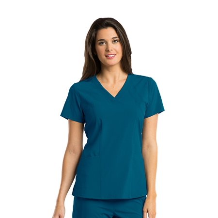 Barco One 5105 Racer 4-Pocket Womens Plus Tall V Neck Short Sleeve Tag Free Stretch Fabric Moisture Wicking Scrub Top, Xx-large, Blue