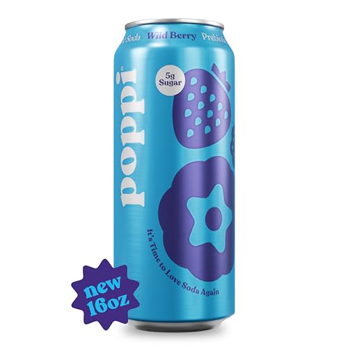 POPPI 16oz Sparkling Prebiotic Soda, Beverages W/Apple Cider Vinegar, Seltzer Water & Fruit Juice, Low Calorie & Low Sugar Drinks, Wild Berry, (12 Pac