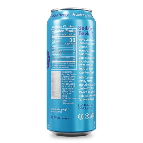 POPPI 16oz Sparkling Prebiotic Soda, Beverages W/Apple Cider Vinegar, Seltzer Water & Fruit Juice, Low Calorie & Low Sugar Drinks, Wild Berry, (12 Pac thumbnail