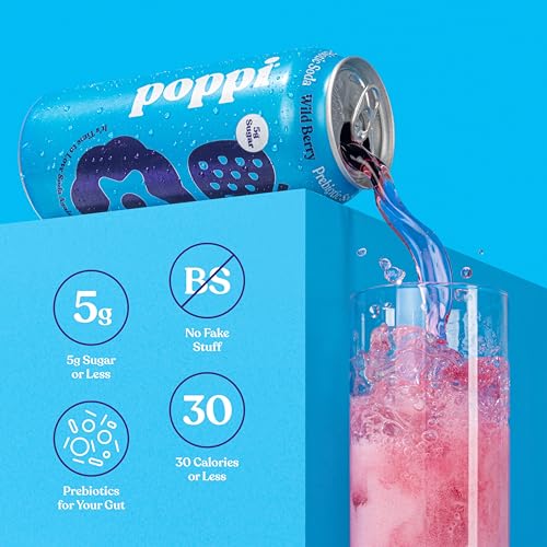 POPPI 16oz Sparkling Prebiotic Soda, Beverages W/Apple Cider Vinegar, Seltzer Water & Fruit Juice, Low Calorie & Low Sugar Drinks, Wild Berry, (12 Pac thumbnail