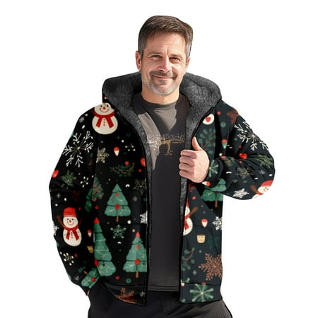 GWAABD Warm Jackets for Men Thermal Warm Velvet Thicken Cotton Quilted Jacket Christmas Graphic Print Full-Zip Padded Coat Cold Weather Windproof Sher