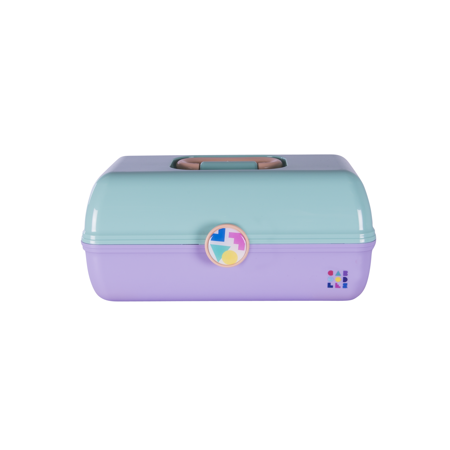 caboodles on-the-go girl makeup box, seafoam on lavender, hard plastic makeup organizer box, built-in mirror, secure latch for safe travel, spacious s