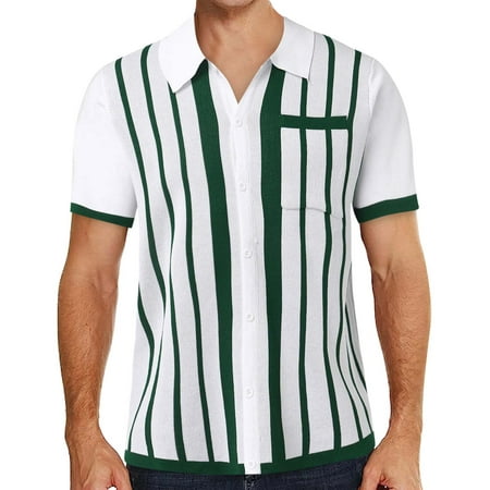 WEAIXIMIUNG Mens Long Sleeve Tee Shirts Graphic Mens Fashion Color Matching Striped Single Lapel Short Sleeve Shirt Sweater T Shirt White L
