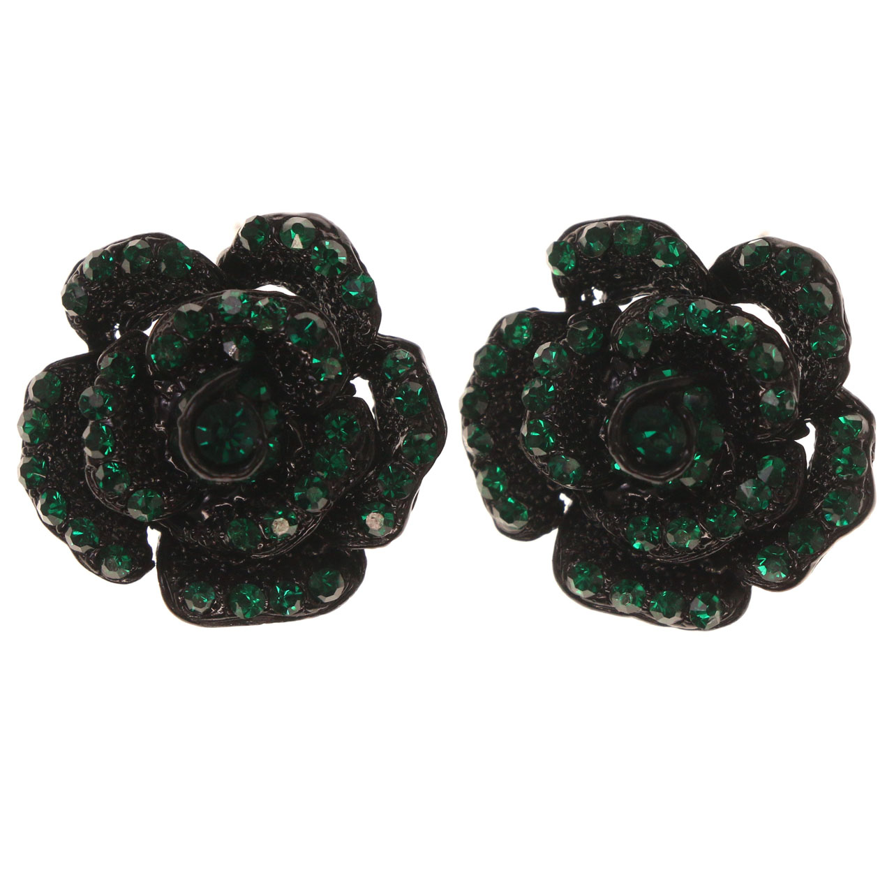 Flower Stud-Earrings with Crystal Accents Green & Black Colored #4973