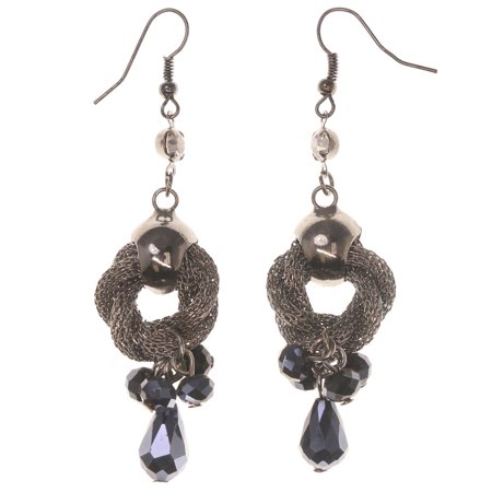 Silver-Tone & Black Colored Metal Dangle-Earrings with Bead Accents #4962