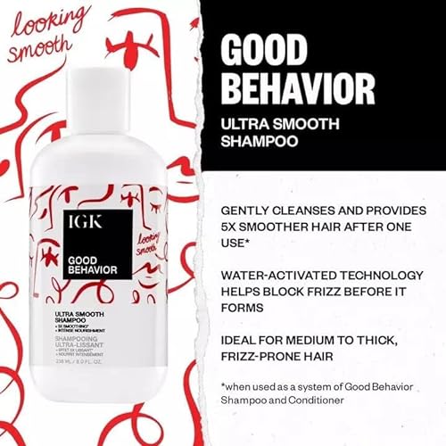 IGK GOOD BEHAVIOR | Ultra Smooth Shampoo (8 Oz) + Spirulina Protein Spray (5.6 Oz) | Frizz Control + Hydrates + Shine | Vegan + Cruelty-Free | thumbnail