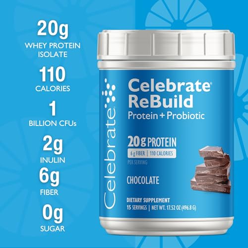 Celebrate Vitamins Rebuild Whey Isolate Protein Powder with Probiotic and Prebiotic, 20 G Protein, Gluten Free, Chocolate, 15 Servings thumbnail