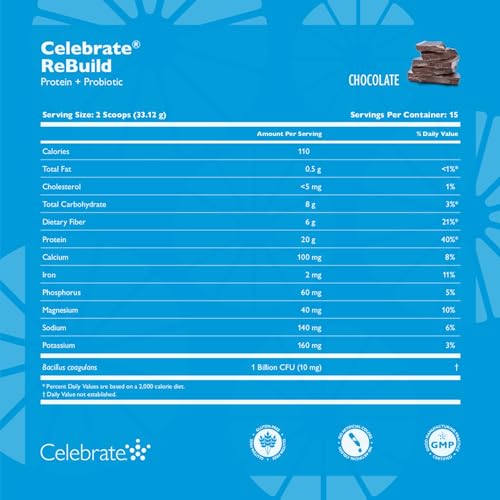 Celebrate Vitamins Rebuild Whey Isolate Protein Powder with Probiotic and Prebiotic, 20 G Protein, Gluten Free, Chocolate, 15 Servings thumbnail