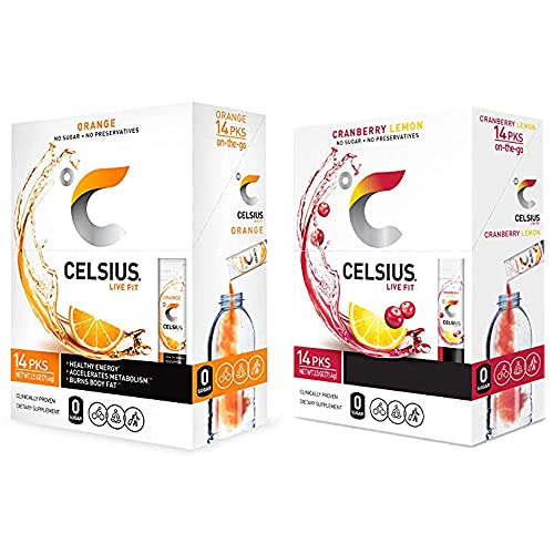 CELSIUS on-the-Go Powder Stick, Combo Pack of Orange and Cranberry Lemon, 14 Pieces Assortment - Pack of 2