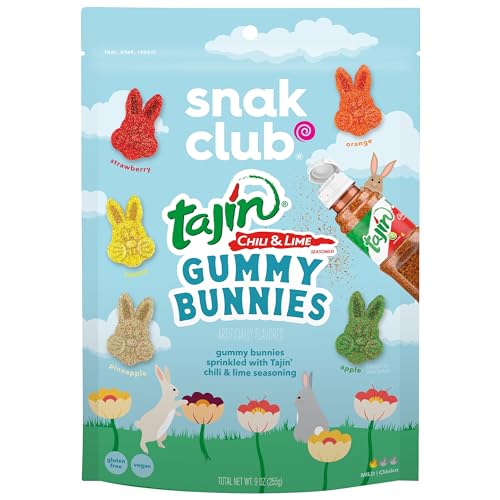 Snak Club Gummy Bunnies, Tajin Chili & Lime Sweet and Spicy Gummy Candy, Mild in Heat Bold in Flavor, Low-Fat, Vegan, Gluten-Free Snack, 9 Oz Large Re