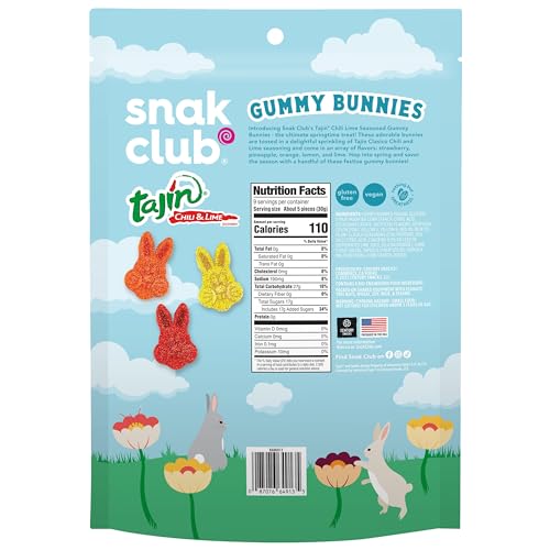 Snak Club Gummy Bunnies, Tajin Chili & Lime Sweet and Spicy Gummy Candy, Mild in Heat Bold in Flavor, Low-Fat, Vegan, Gluten-Free Snack, 9 Oz Large Re thumbnail