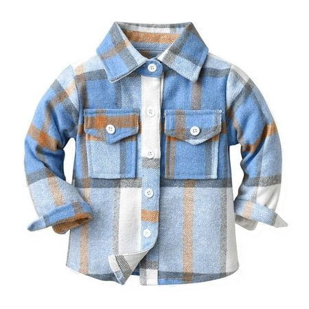 PURJKPU Toddler Baby Boy Girl Flannel Buffalo Plaid Shirt Long Sleeve Button Down Pocket Plaid Shirt Jacket Coat Tops Blue 3-6 Months