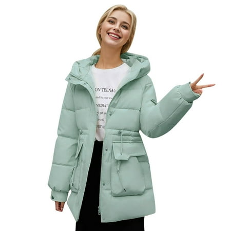 GWAABD Winter Coats for Women Full-Zip Winter Quilted Jackets Drawstring Waist Puffer Padded Coat with Pockets Hooded Solid Color Outerwear Gn2 XL