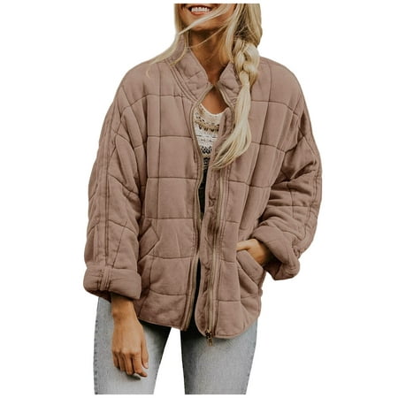 GWAABD Winter Coats for Woman Baggy Solid Color Quilted Jacket Stand-Collar Padded Coat with Pockets Full-Zip Outerwear Khaki XXL