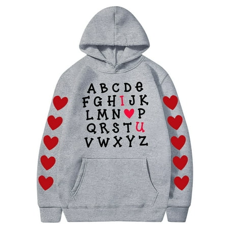 Couples Hoodie for Women Men Valentines Holiday  Sweet Love Heart Print Casual Unisex Hooded Sweatshirt Pullover Tops (X-Large  Gray 04)