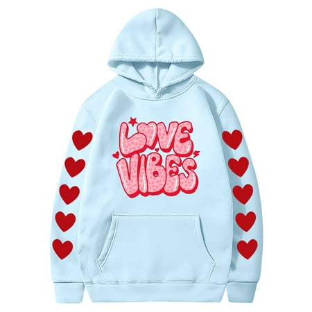 Couples Hoodie for Women Men Valentines Holiday  Sweet Love Heart Print Casual Unisex Hooded Sweatshirt Pullover Tops (X-Large  Sky Blue 05)