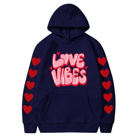 Couples Hoodie for Women Men Valentines Holiday  Sweet Love Heart Print Casual Unisex Hooded Sweatshirt Pullover Tops (X-Large  Navy 05)