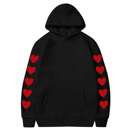 Couples Hoodie for Women Men Valentines Holiday  Sweet Love Heart Print Casual Unisex Hooded Sweatshirt Pullover Tops (X-Large  Black 07)