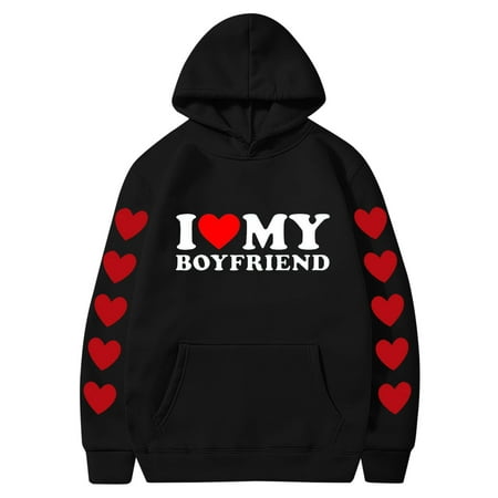 Couples Hoodie for Women Men Valentines Holiday  Sweet Love Heart Print Casual Unisex Hooded Sweatshirt Pullover Tops (X-Large  Black 02)