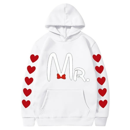 Couples Hoodie for Women Men Valentines Holiday  Sweet Love Heart Print Casual Unisex Hooded Sweatshirt Pullover Tops (X-Large  White 01)
