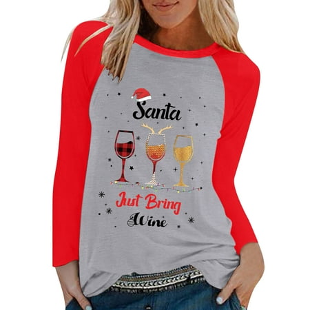 CLZOUD Woman Sweatshirts Raglan Round Neck Tunic Tops Christmas Goblet Pattern Print Pullover Fall Winter Sweaters Long Sleeve Slim Fit Blouse a L