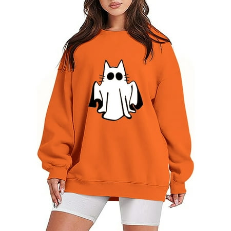 GWAABD Womens Casual Sweatshirt Ghost Print Loose Sweater Round Neck Long Sleeve Pullover Fall Winter Warm Hoodless Hoodie Drop Shoulder Blouse Orange