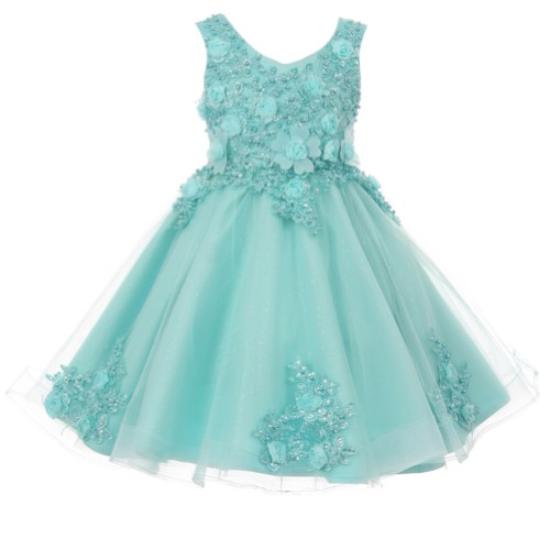 Girls Mint Pearl Beaded Flower Glitter Tulle Junior Brides Maid Dress 8