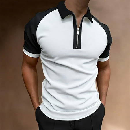 Cyinyin Graphic Tees Mens Gifts Men S Fashion Zipper Stitched T-Shirt Short Sleeve Lapel Pullover Top Blouse Undershirts White L