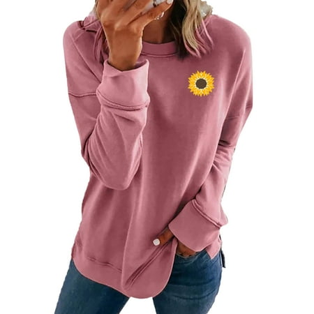 GWAABD Soft Sweatshirts for Women Sunflower Graphic Print Pullover Round Neck Long Sleeve Sweaters Casual Loose Fit Tunic Tops Fall Winter Blouse Pink