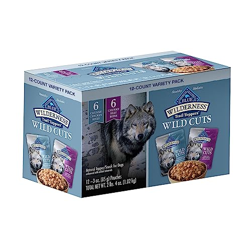 Blue Buffalo Wilderness Trail Toppers Wild Cuts High Protein, Natural Wet Dog Food Variety Pack, Chicken and Beef Bites, 3-oz Pouch, 12 Count