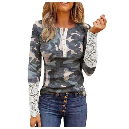 Ovticza Long Button Down Shirts Slim Fit Camouflage Henley Long Sleeve Long Sleeve Workout Tops Button up 2023 Lace Ladies Fall Long Sleeve Shirts Fas