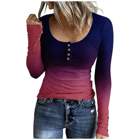 Ovticza Women Tshirts Long Sleeve Button up Tie Dye Ribbed Fall Tops for Womens Henley Work Slim Fit Sexy Long Sleeve Womens Shirts Fashion Dressy Cas