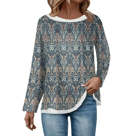 Ovticza Sexy Tops for Women Western Loose Fit Patchwork Long Sleeve Women’S Tops Fall Crew Neck Comfy Long Sleeve Shirts for Women Fitted Fitted 202