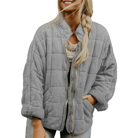 GWAABD Winter Jackets Women Full-Zip Solid Color Padded Coat Stand Collar Cotton Quilted Jacket Loose with Pockets Long Sleeve Outerwear Grey S