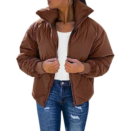 GWAABD Womens Winter Jacket Short Padded Jacket Full-Zip Quilted Puffer Coat with Pockets Stand-up Collar Outerwear Solid Color Windproof Warm Overcoa