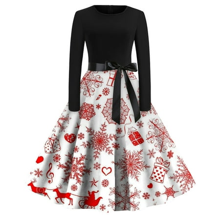 SENDKEEL Women S Christmas Print Flare Dresses Casual Slim Vintage Classic Dress Fashion Long Sleeve 2292 New Year Ound Neck Swing Dress