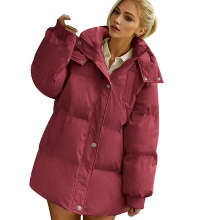 GWAABD Winter Coats Women Baggy Cotton Quilted Puffer Coat Oversized Padded Jacket with Hooded Mid Length Winter Thickened Outerwear Solid Color Overc
