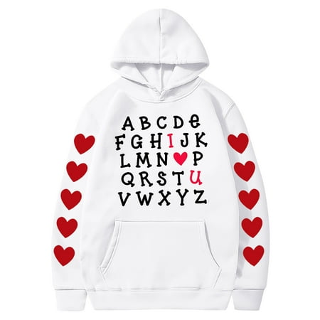 Couples Hoodie for Women Men Valentines Holiday  Sweet Love Heart Print Casual Unisex Hooded Sweatshirt Pullover Tops (X-Large  White 04)