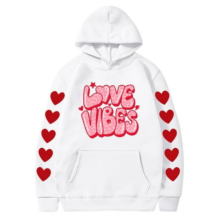 Couples Hoodie for Women Men Valentines Holiday  Sweet Love Heart Print Casual Unisex Hooded Sweatshirt Pullover Tops (X-Large  White 05)