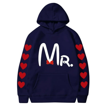 Couples Hoodie for Women Men Valentines Holiday  Sweet Love Heart Print Casual Unisex Hooded Sweatshirt Pullover Tops (X-Large  Navy 01)