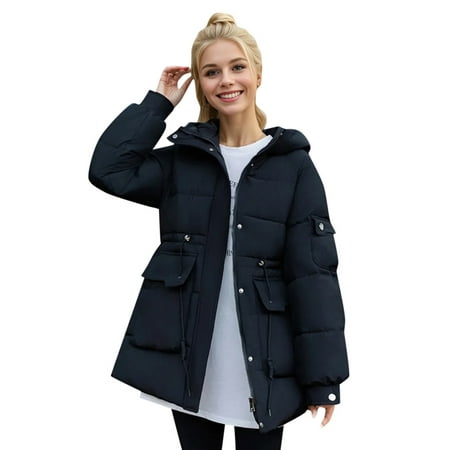GWAABD Womens Jacket Winter Full-Zip Winter Quilted Jackets Drawstring Waist Puffer Padded Coat with Pockets Hooded Solid Color Outerwear Black M